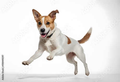 Joyful Jack Russell Terrier in mid-air leap, a vibrant image showcasing the dog's energy and playful spirit against a clean white background. photo