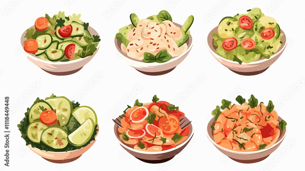 Colorful Salad Icons with Tomato, Cucumber, and Cheese for Healthy Eating Concept Colorful Salad Icons with Tomato, Cucumber, and Cheese for Healthy Eating Concept