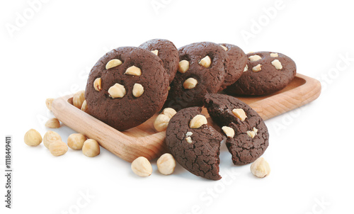 Tasty chocolate cookies with hazelnuts isolated on white