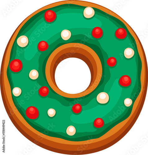 Christmas gingerbread letter O decorated with green icing and red and white sprinkles, holiday festive typography. Isolated cartoon vector font, xmas typeface, new year type, English pastry alphabet