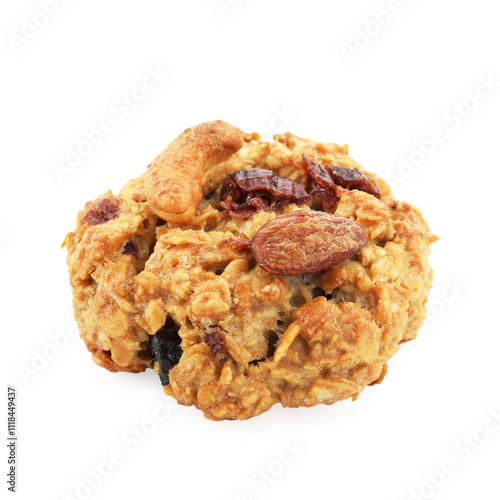 One delicious oatmeal cookie with dried cranberries and nuts isolated on white