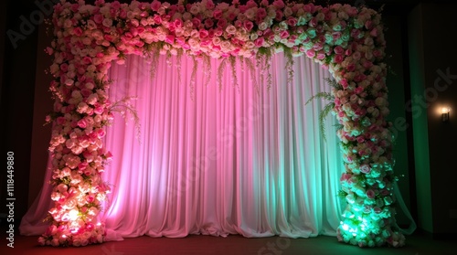 Floral wedding arch, pink and teal lighting, romantic backdrop, flower wall, curtain drapes, event decoration, vibrant colors, soft illumination, dreamy atmosphere, elegant design, photoshoot backgrou photo