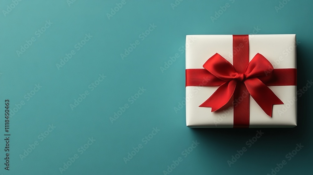 Beautifully wrapped gift box with red ribbon on teal background Beautifully wrapped gift box with red ribbon on teal background