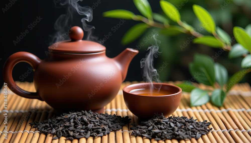 A serene setup featuring a steaming teapot and bowls on a bamboo mat surrounded by green leaves, celebrating the essence of Chinese tea on International Tea Day. A serene setup featuring a steaming teapot and bowls on a bamboo mat surrounded by green leaves, celebrating the essence of Chinese tea on International Tea Day.