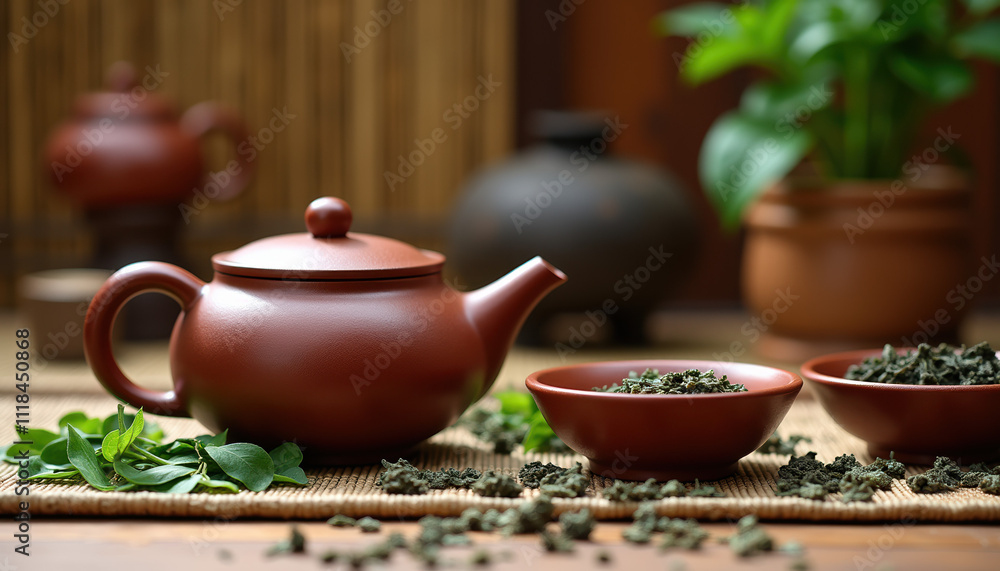 A cozy arrangement featuring a teapot and bowls with fresh green tea leaves, set against a warm and inviting background for International Tea Day. A cozy arrangement featuring a teapot and bowls with fresh green tea leaves, set against a warm and inviting background for International Tea Day.
