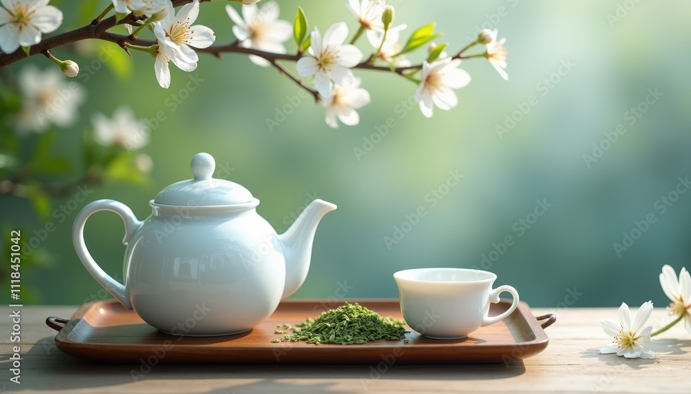 A soothing composition featuring a white teapot and bowl with greenery in the background, set up for a Chinese tea ceremony celebrating International Tea Day. A soothing composition featuring a white teapot and bowl with greenery in the background, set up for a Chinese tea ceremony celebrating International Tea Day.