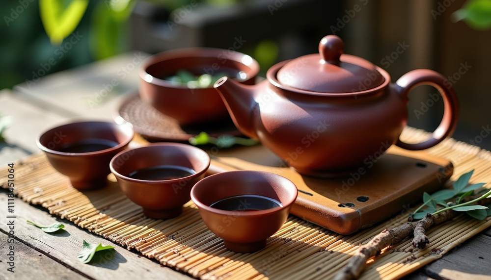 An inviting arrangement showcasing a brown teapot and bowls on a wooden tray, surrounded by greenery, perfect for the celebration of International Tea Day. An inviting arrangement showcasing a brown teapot and bowls on a wooden tray, surrounded by greenery, perfect for the celebration of International Tea Day.