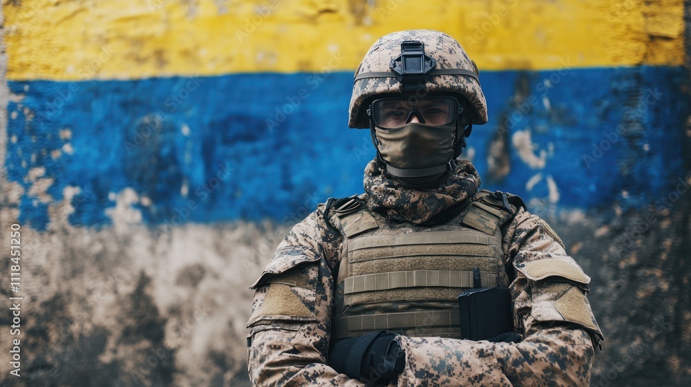 Soldier in camouflage stands against a blue and yellow wall. Soldier in camouflage stands against a blue and yellow wall.