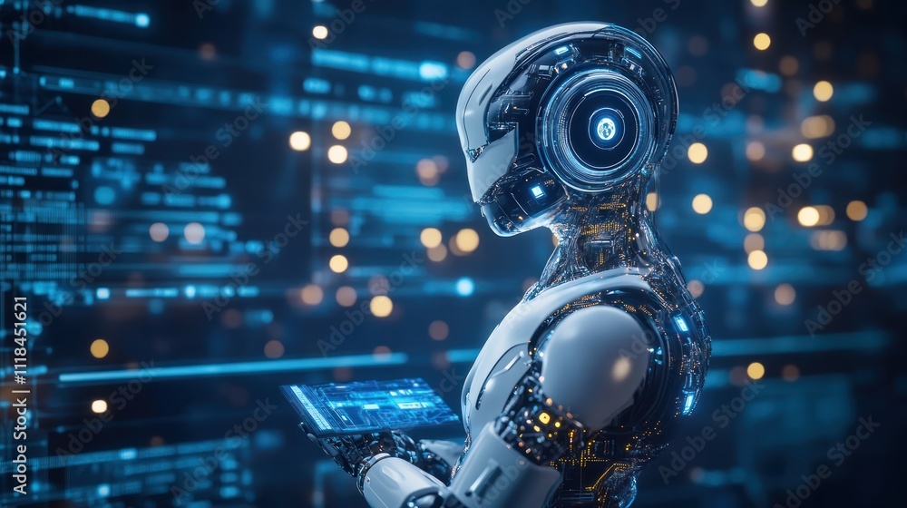 Futuristic robot interacting with digital data interface. Futuristic robot interacting with digital data interface.