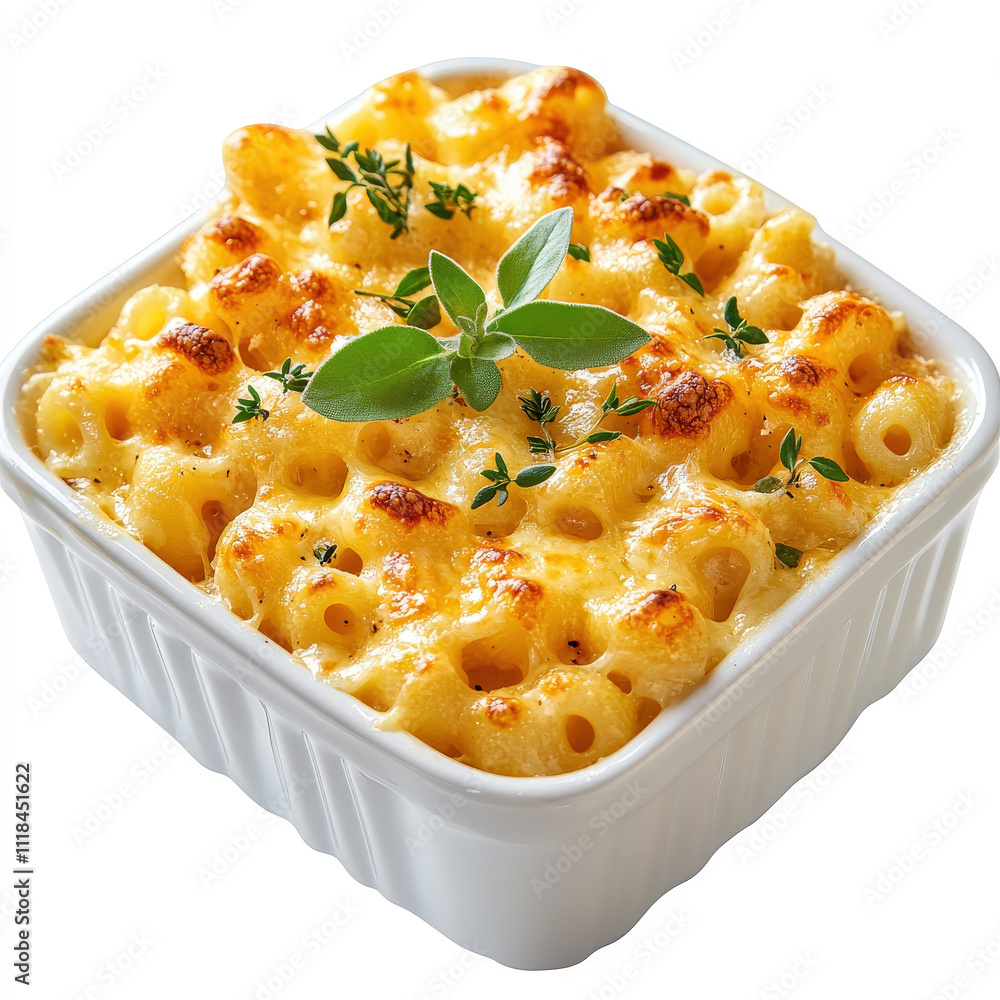 Creamy Baked Macaroni and Cheese with Golden Brown Topping and Fresh Herbs in a White Ceramic Dish Creamy Baked Macaroni and Cheese with Golden Brown Topping and Fresh Herbs in a White Ceramic Dish