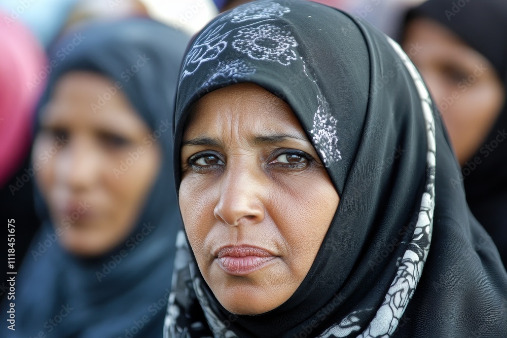A woman in a black hijab at an outdoor rally, wearing a headscarf with a white floral design, close-up portrait. A woman in a black hijab at an outdoor rally, wearing a headscarf with a white floral design, close-up portrait.
