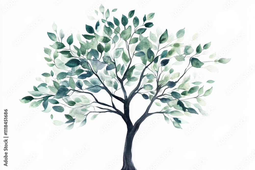 A watercolor illustration of a tree with lush green leaves on a white background. A watercolor illustration of a tree with lush green leaves on a white background.