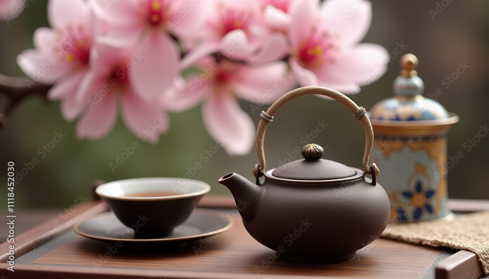 A captivating arrangement of a teapot and bowls against a floral background, designed for a serene celebration of International Tea Day. A captivating arrangement of a teapot and bowls against a floral background, designed for a serene celebration of International Tea Day.