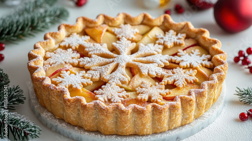 Delicious apple pie decorated with snowflake shaped pastry for christmas dinner