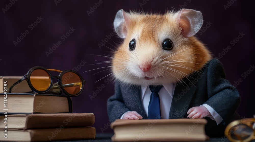 A small hamster dressed in a tailored suit and tie sits at a desk, looking curiously at the surrounding books. The setting is cozy and academic, creating an amusing contrast A small hamster dressed in a tailored suit and tie sits at a desk, looking curiously at the surrounding books. The setting is cozy and academic, creating an amusing contrast