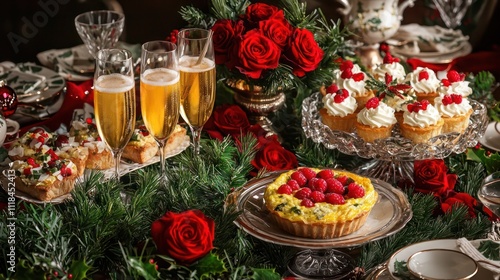 An elegant Christmas brunch scene with a spread of mimosas, quiches, and fruit parfaits, styled with sophisticated tableware and a centerpiece of evergreen branches and red roses. photo