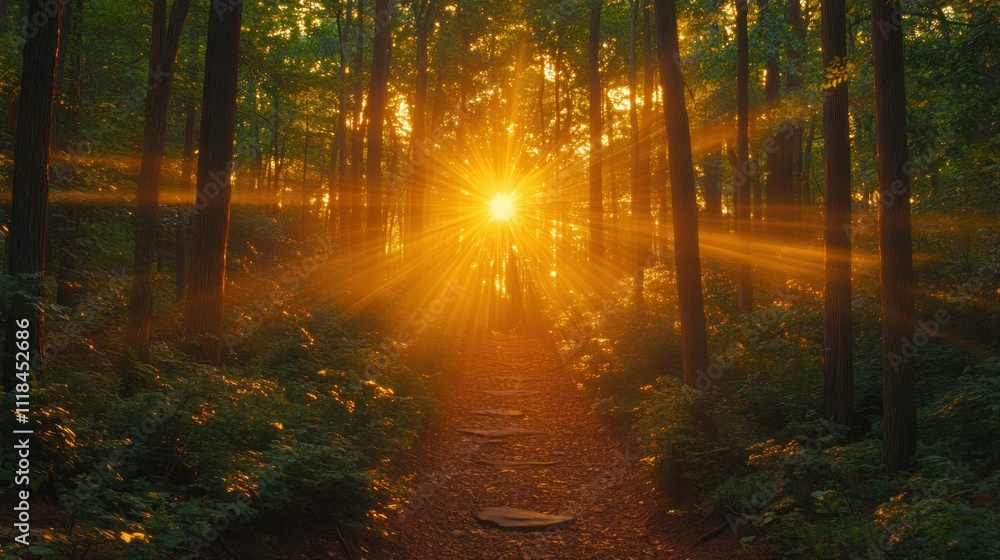 Fototapeta premium Sun rays through forest path at sunset.