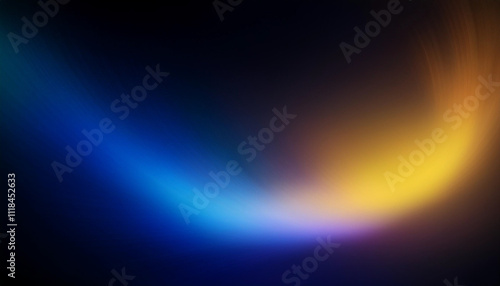 Yellow blue gradient defocused abstract ultraviolet radiance soft texture on dark black abstract empty space background. Neon blur glow. Color light overlay. Copy space.