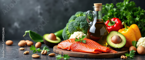 A beautiful array of keto foods showcasing fresh salmon, avocados, and vibrant vegetables, ideal for National Keto Day festivities. photo