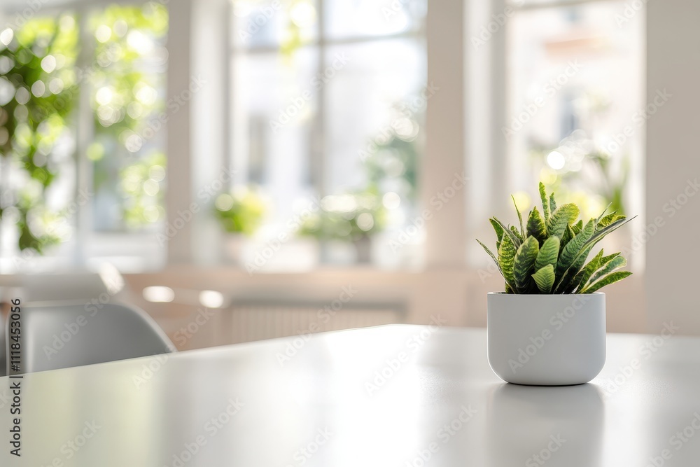 A small potted plant on a table in a bright, modern room with large windows. A small potted plant on a table in a bright, modern room with large windows.