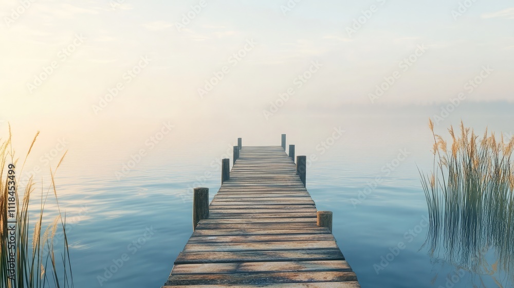 Obraz premium A rustic wooden pier extending out into a calm blue lake at sunrise