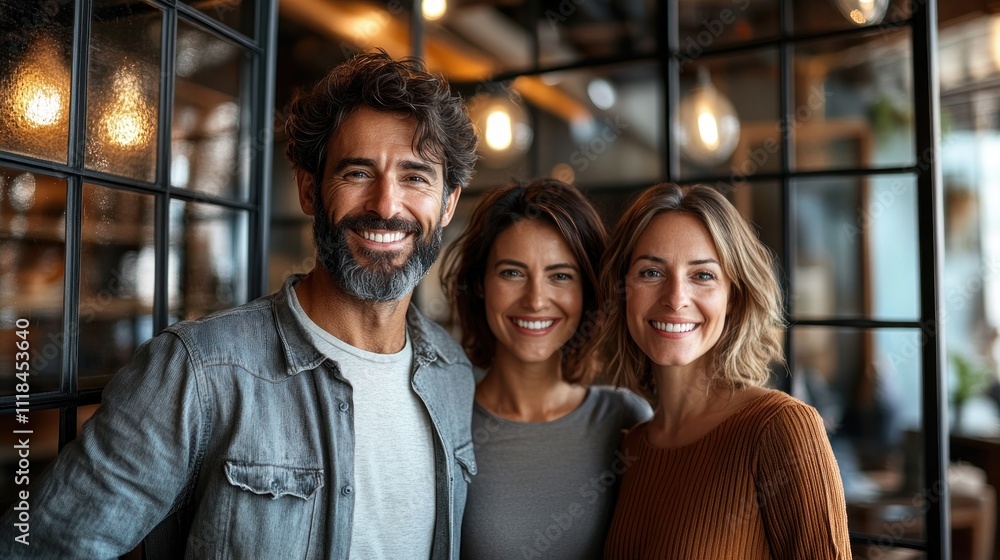 Three friends smile in a cafe with warm lights and modern decor, creating a lively vibe Three friends smile in a cafe with warm lights and modern decor, creating a lively vibe