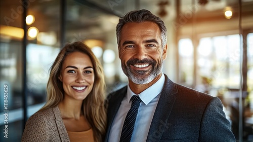 Two professionals pose happily in a bright office, showcasing collaboration and success photo