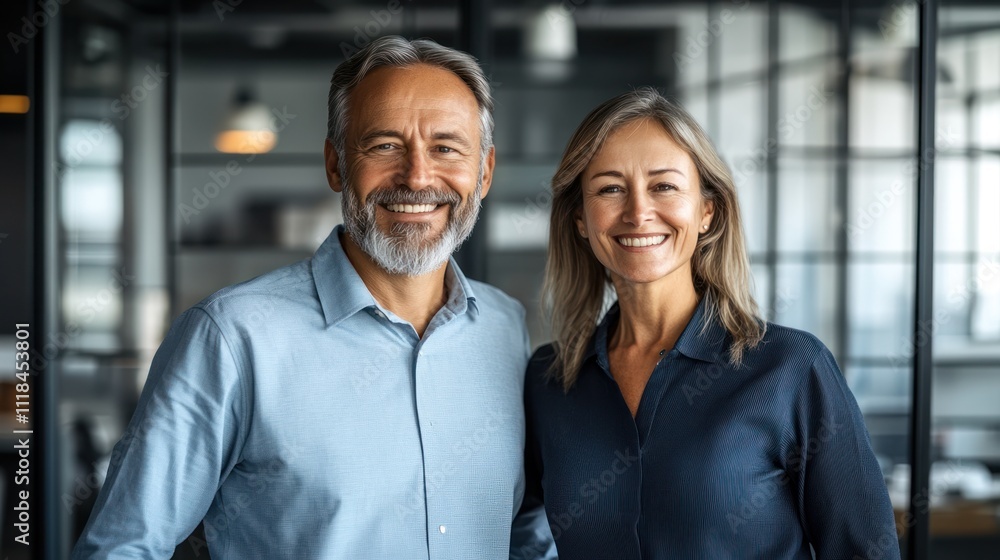 A couple stands in a contemporary office, showing joy and connection while smiling at the camera A couple stands in a contemporary office, showing joy and connection while smiling at the camera