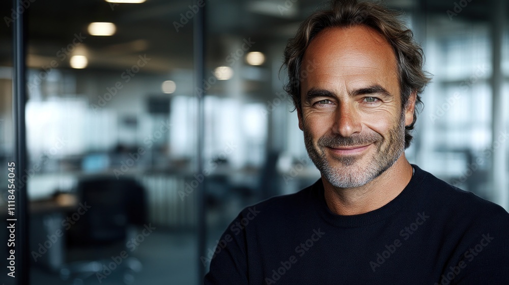 Fototapeta premium Professional setting with a man smiling confidently while standing in an office environment