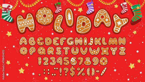 Christmas gingerbread cookie font, bakery typeface, xmas biscuit type, holiday sweet english alphabet. Vector festive abc letters, numbers and symbol cookie characters decorated with sugary icing