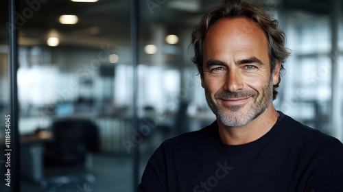 Professional setting with a man smiling confidently while standing in an office environment