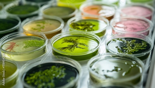 Rows of Petri dishes showcasing various plant tissue cultures exemplifying innovative plant research advancements in biotechnology.