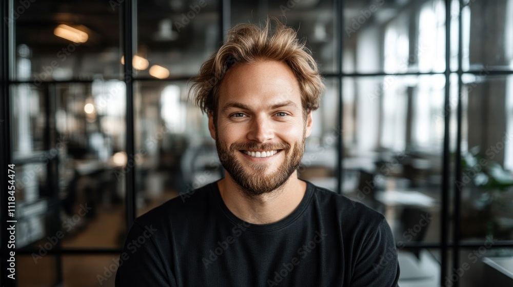 A smiling man with a beard sits in a contemporary office, radiating positivity and confidence A smiling man with a beard sits in a contemporary office, radiating positivity and confidence