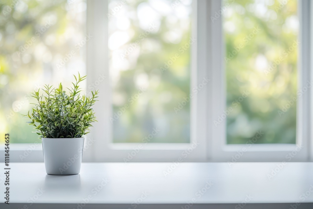A small potted plant on a white table near large windows with a blurred outdoor background. A small potted plant on a white table near large windows with a blurred outdoor background.