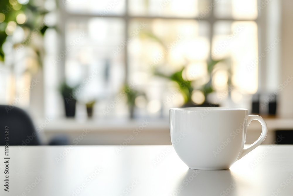 A white coffee cup sits on a table in a bright, plant-filled workspace. A white coffee cup sits on a table in a bright, plant-filled workspace.