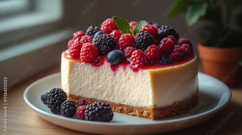 Delicious berry cheesecake slice on a plate. Delicious berry cheesecake slice on a plate.