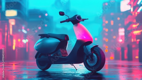 A sleek electric scooter parked against a vibrant urban background