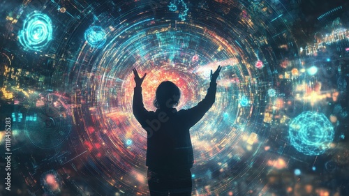 Wallpaper Mural A silhouette of a child reaching out to a vibrant, swirling digital vortex filled with glowing symbols and colors, representing wonder and exploration. Torontodigital.ca