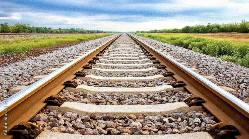 Naklejka premium Cobbled railway tracks extend endlessly into the distance, framed by green trees under an overcast sky, creating a tranquil yet haunting atmosphere