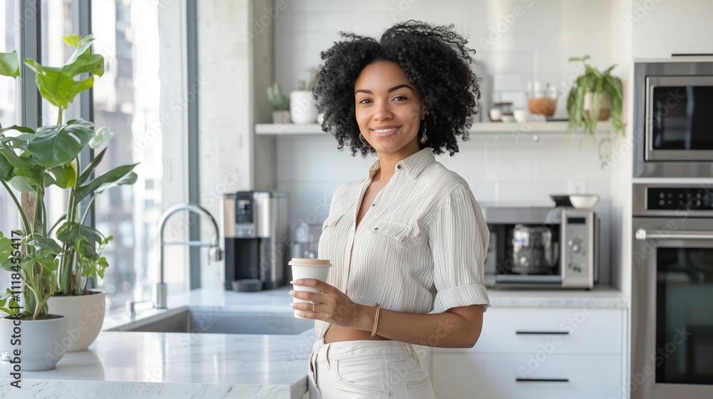 A women leaning against a modern kitchen island in a bright office, holding a coffee cup with a relaxed expression, surrounded by stylish appliances and sleek decor. A women leaning against a modern kitchen island in a bright office, holding a coffee cup with a relaxed expression, surrounded by stylish appliances and sleek decor.