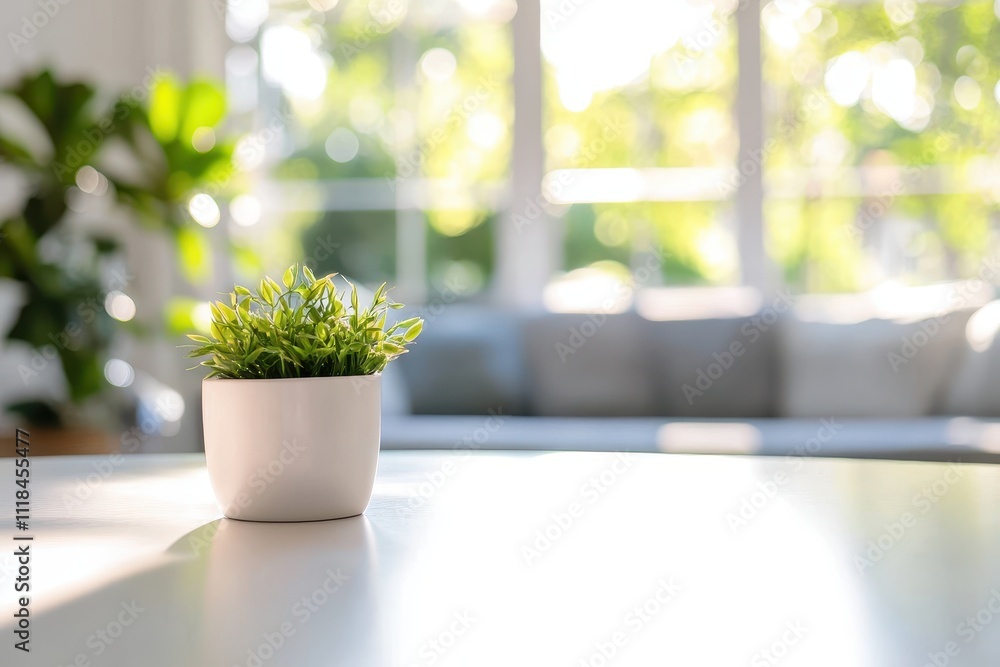 A small potted plant on a table in a bright, airy living space. A small potted plant on a table in a bright, airy living space.