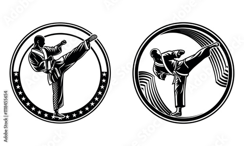 set of silhouettes of martial arts taekwondo with different action, pose. isolated on white background. vector illustration.
