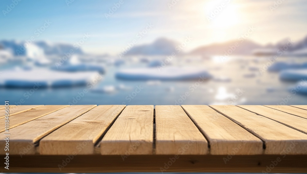 Scenic view of a wooden deck overlooking icy waters and mountains. Scenic view of a wooden deck overlooking icy waters and mountains.
