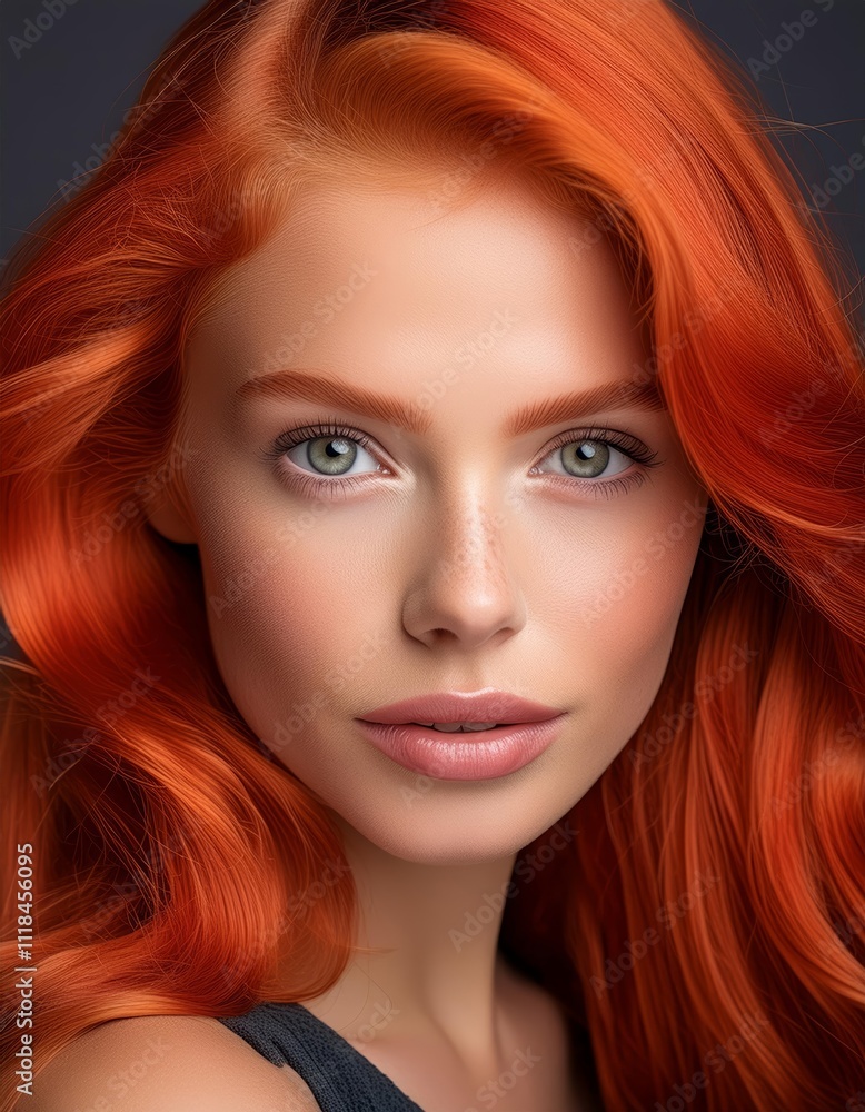 Woman with red hair and green eyes. She has a pink lip. She is wearing a black shirt Woman with red hair and green eyes. She has a pink lip. She is wearing a black shirt