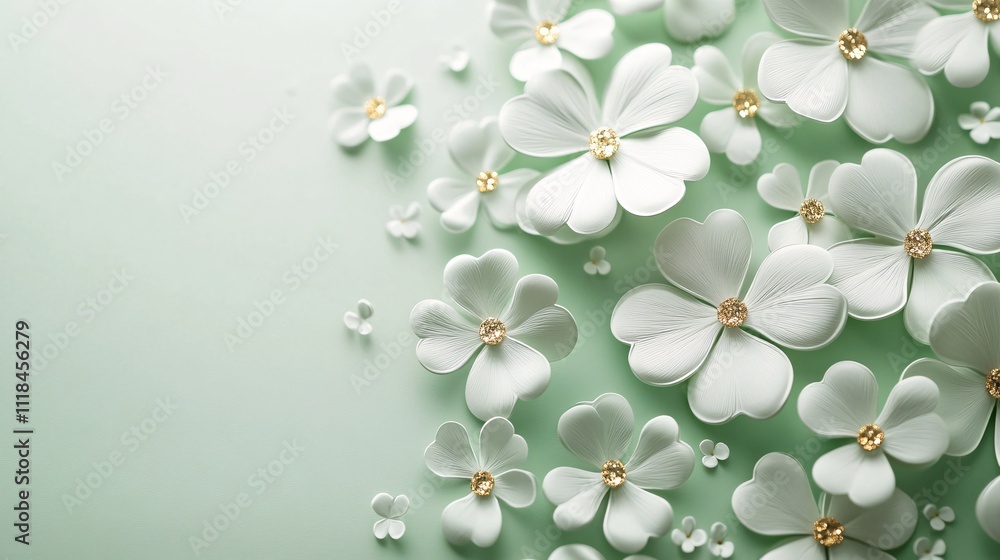 Elegant St. Patrick's Day background with soft green and white tones, featuring delicate shamrocks and subtle gold accents Elegant St. Patrick's Day background with soft green and white tones, featuring delicate shamrocks and subtle gold accents