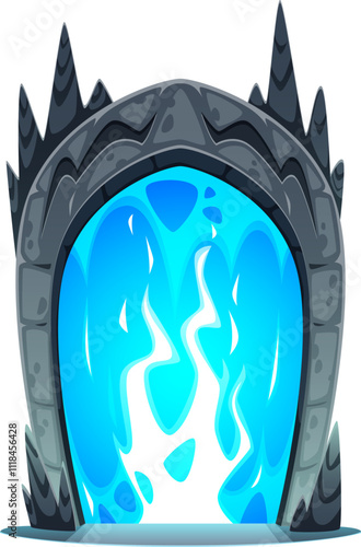Magic portal door, fantasy stone arch or gate game asset. Vector mysterious, witchcraft or time travel teleport entry with blue plasma energy. Ancient doorway framed by dark rocky arc emits soft glow