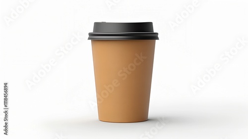 Minimalist blank brown mockup takeaway coffee cup with black lid on white background