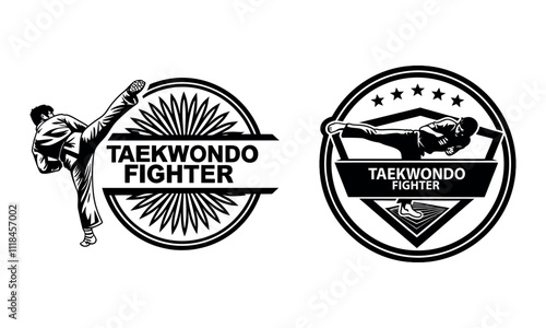 a set of Minimalist Taekwondo Fighter logo on white background, Wushu, kung fu, Taekwondo. Silhouette of people isolated on white background. Clipart, icon, pictogram. Fighting stance