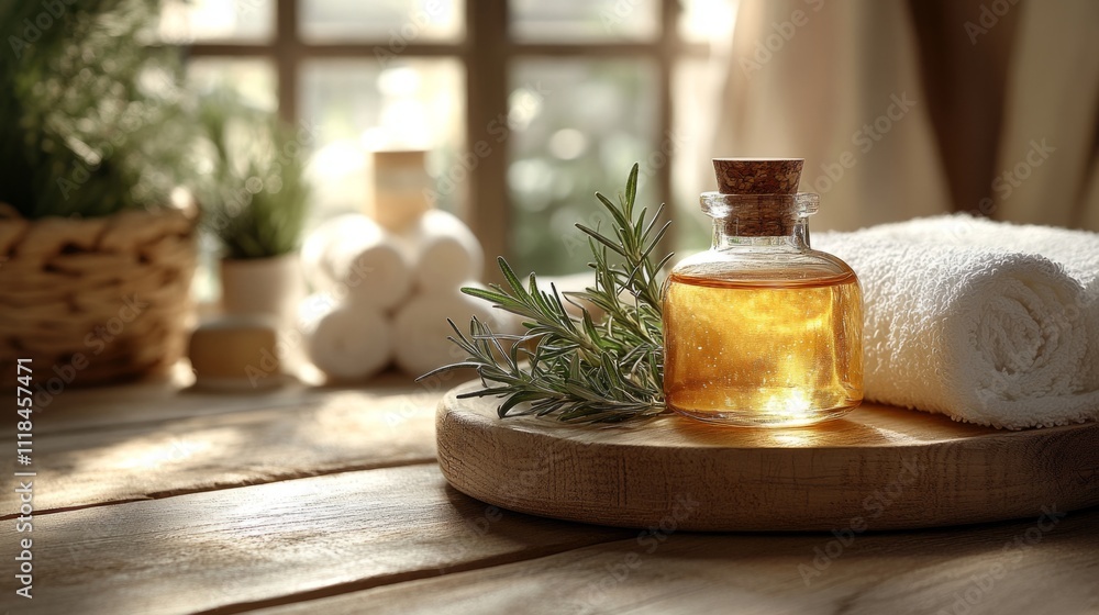 Cozy spa vibes: aromatherapy with fragrant oil, rosemary, and soft towels by sunlit window