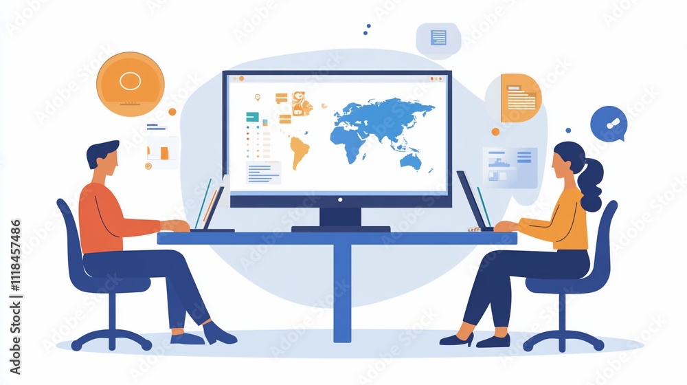 Fototapeta premium Two people working with laptops and a world map on a screen.